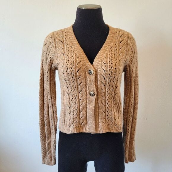 Happily Grey Cardigan Sweater Cropped Short Chenille Cable Knit Fisherman XS - Picture 1 of 11